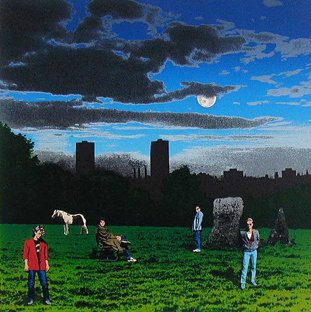 Mr. Mister album cover, original artwork. Silkscreen by Jonathan Owen. Band members in a twilight park with standing stones, a Welsh mountain pony and city skyline.